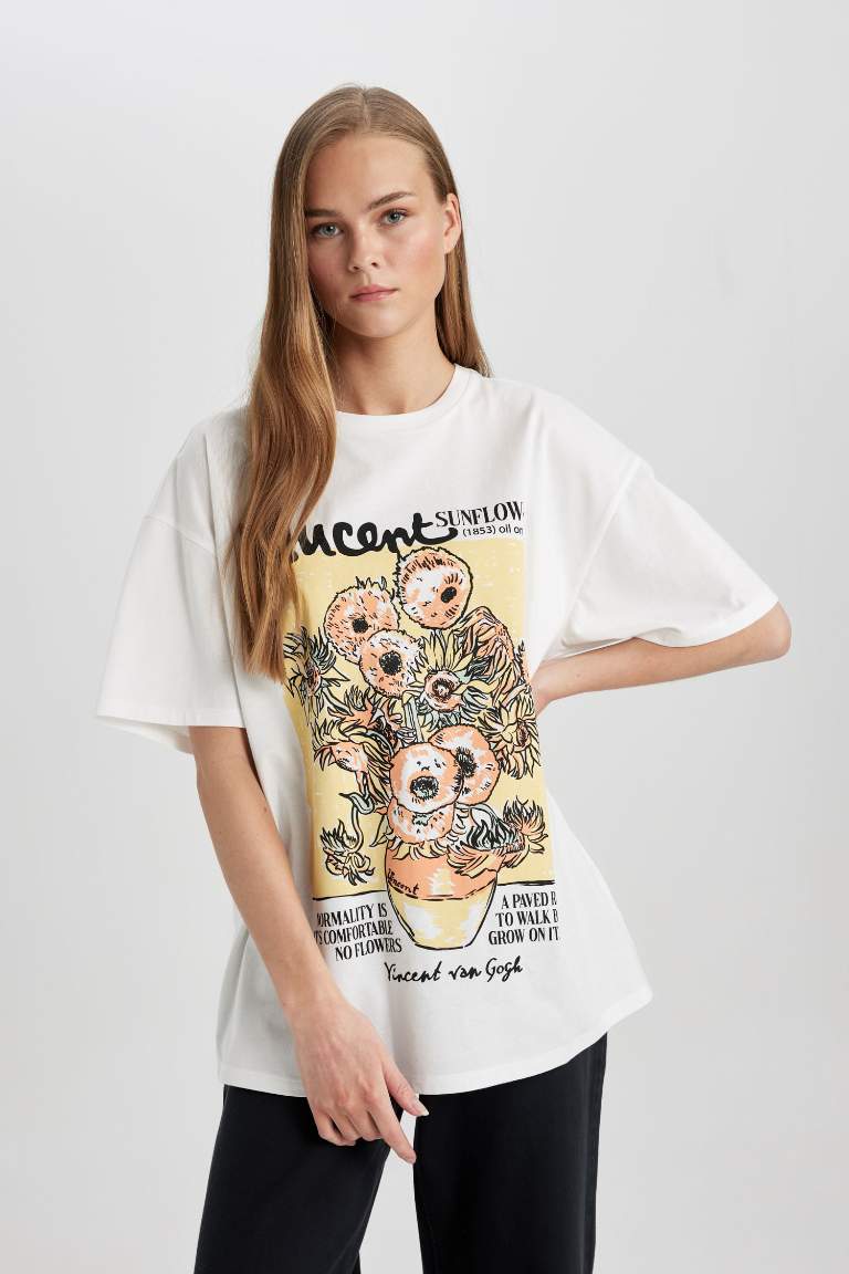 T-Shirt Oversize à Manches Courtes Col Rond avec Impression Van Gogh