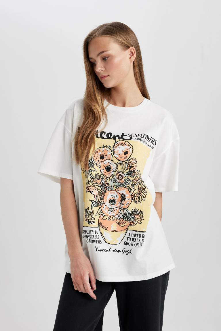 T-Shirt Oversize à Manches Courtes Col Rond avec Impression Van Gogh