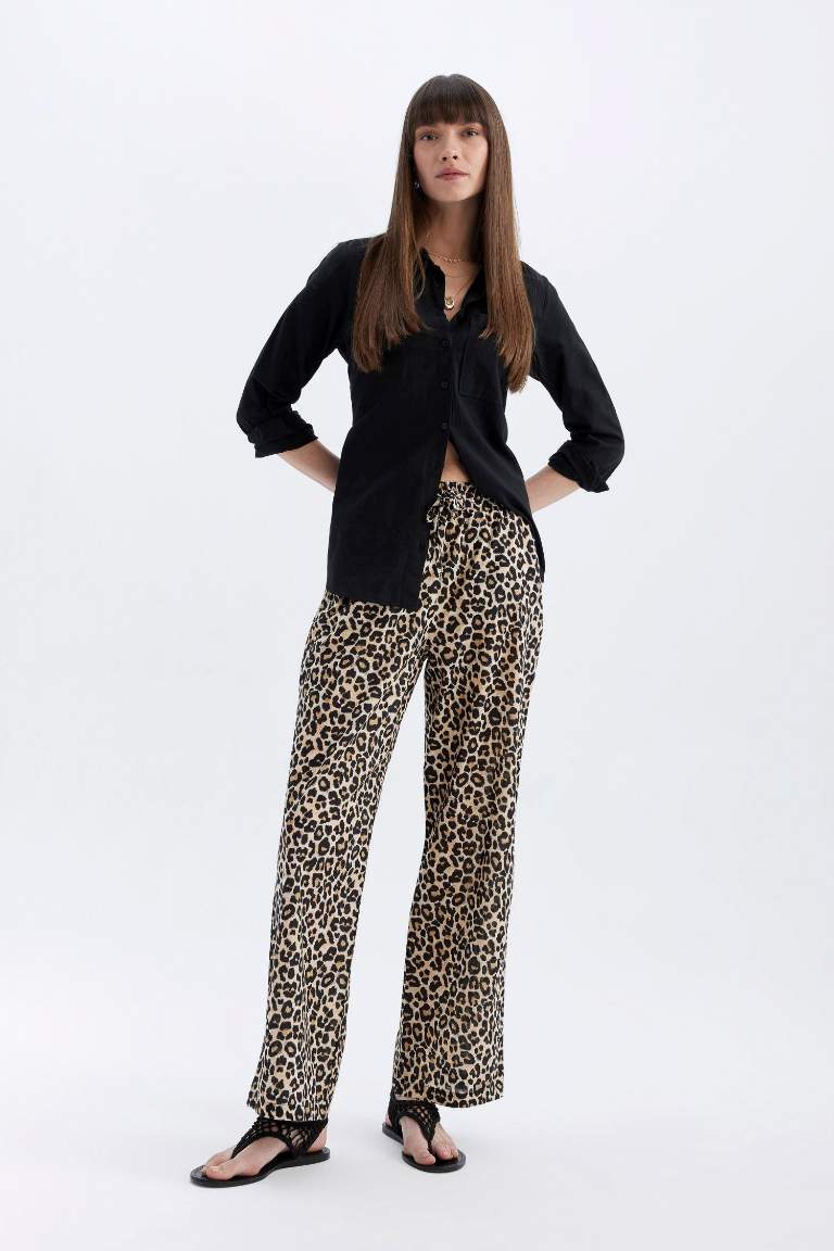 Wide Leg Leopar Desenli Uzun Boy Vual Pantolon Yüksek Bel Geniş Paça Cepli