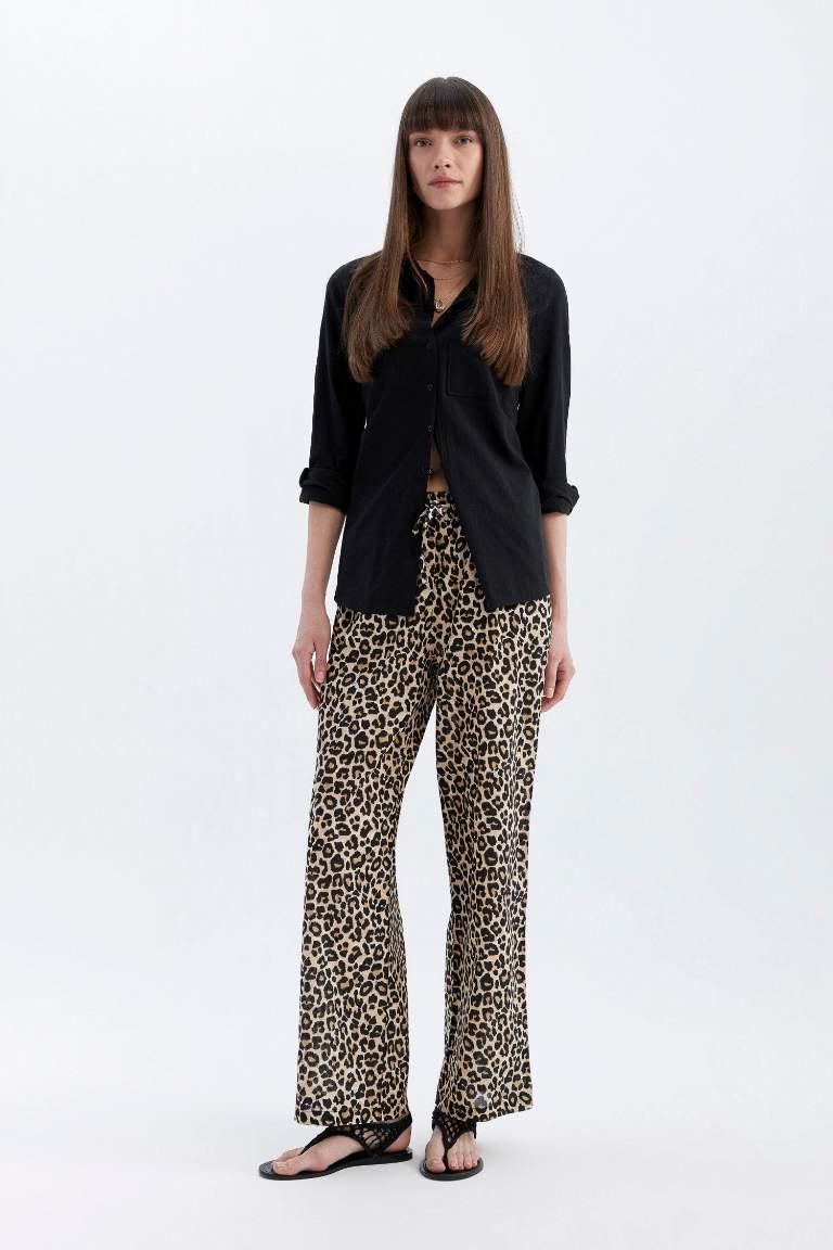 Wide Leg Leopar Desenli Uzun Boy Vual Pantolon Yüksek Bel Geniş Paça Cepli