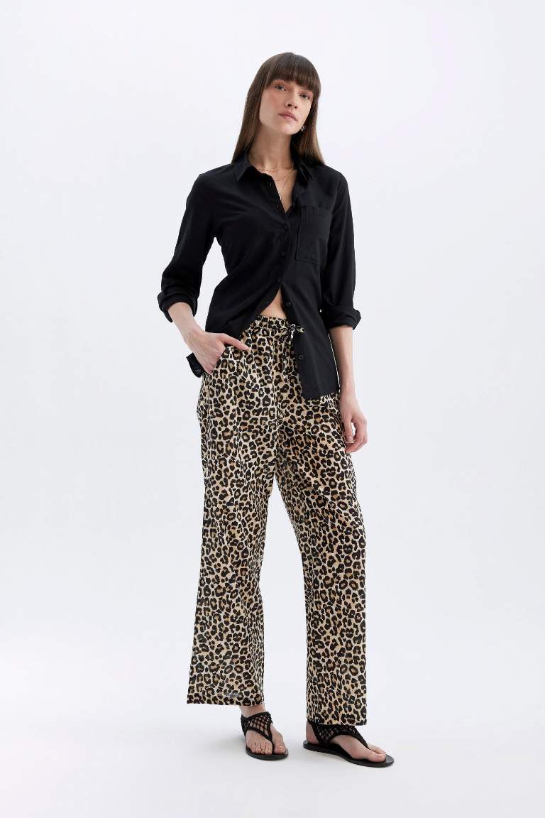 Wide Leg Leopar Desenli Uzun Boy Vual Pantolon Yüksek Bel Geniş Paça Cepli