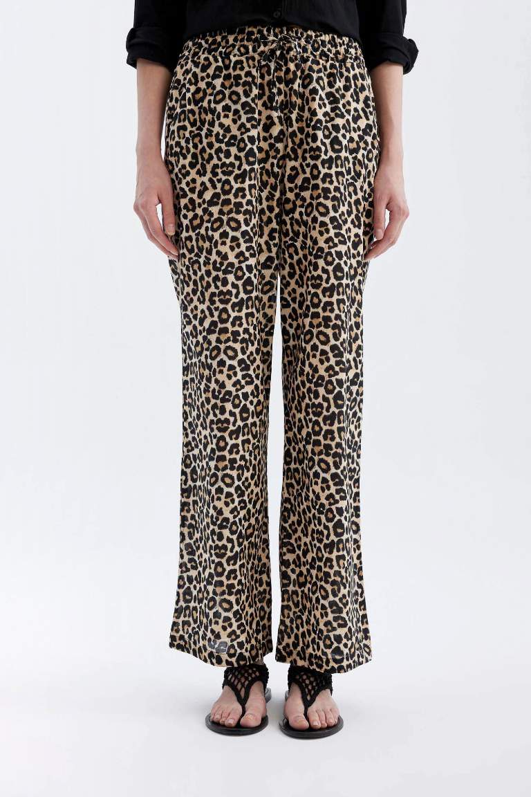 Wide Leg Leopar Desenli Uzun Boy Vual Pantolon Yüksek Bel Geniş Paça Cepli