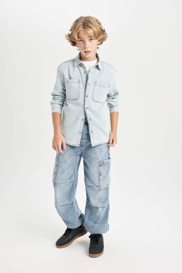 Erkek Çocuk Oversize Geniş Kalıp Polo Yaka Cepli Jean Uzun Kollu Gömlek