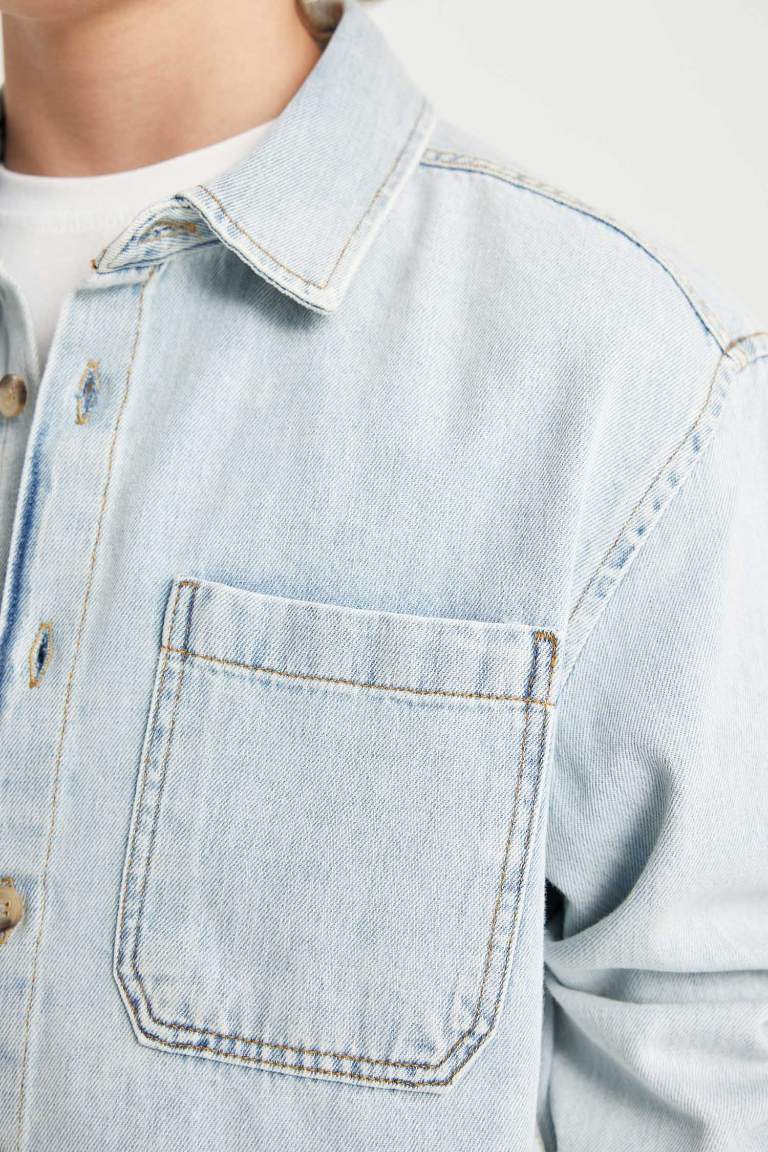 Erkek Çocuk Oversize Geniş Kalıp Polo Yaka Cepli Jean Uzun Kollu Gömlek