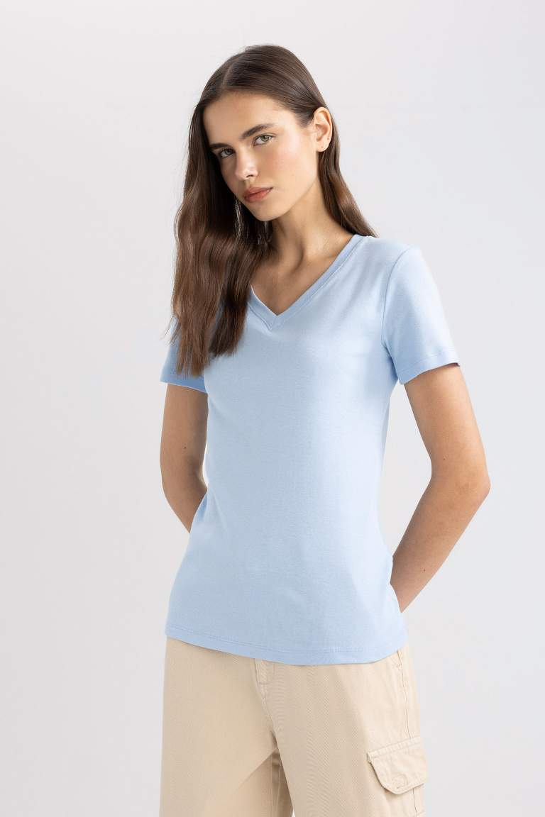 Slim Fit V-Neck Ribana Short Sleeve T-Shirt