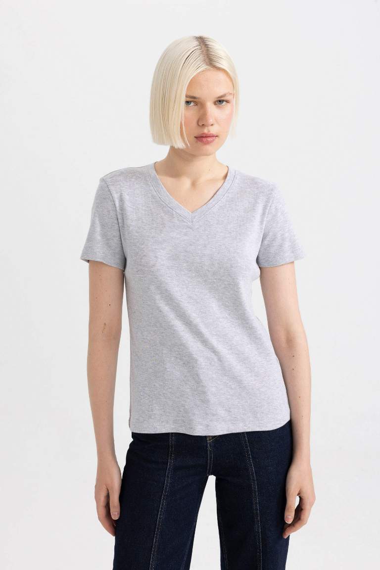 Slim Fit V-Neck Ribana Short Sleeve T-Shirt