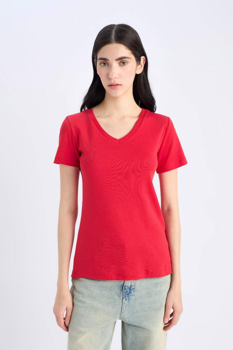 Slim Fit V Neck Basic Rib Short Sleeve T-Shirt