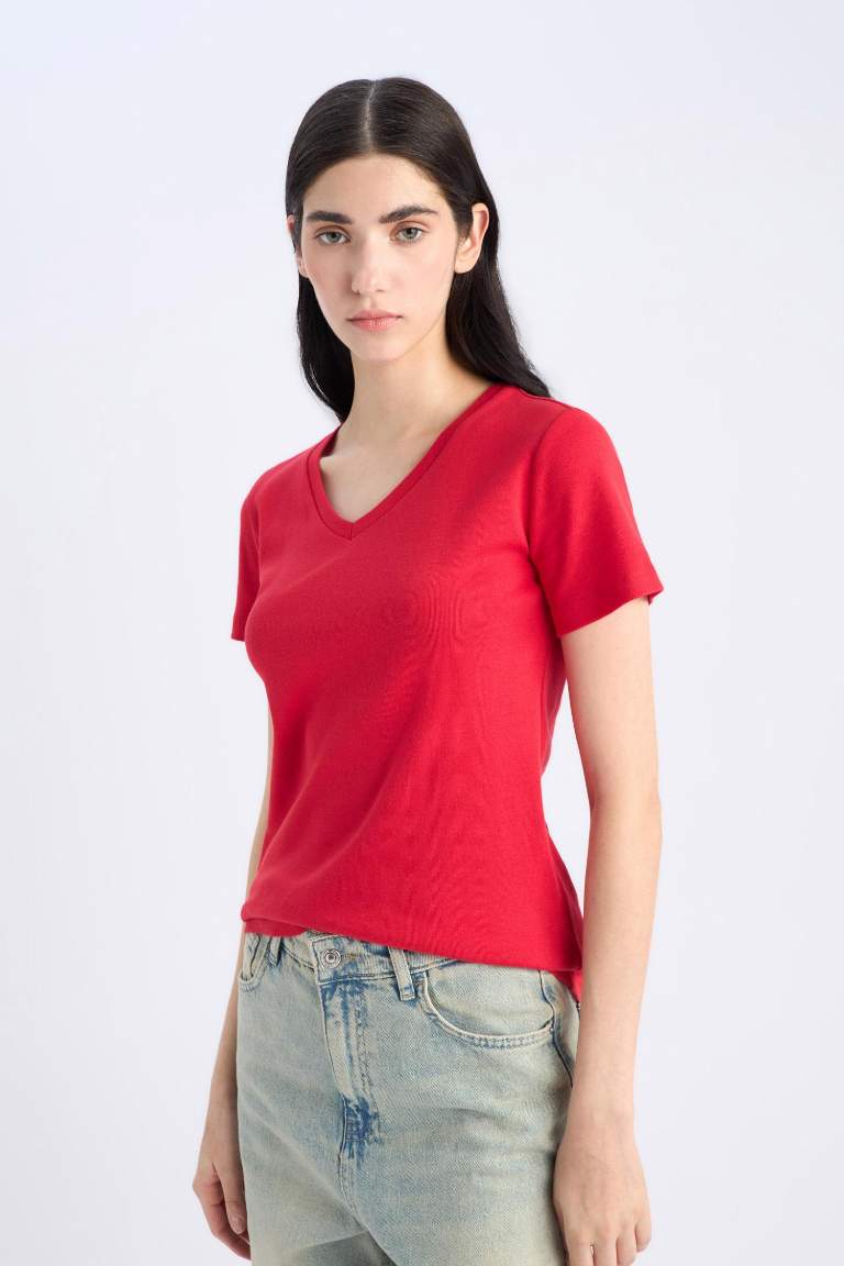 Slim Fit V Neck Basic Rib Short Sleeve T-Shirt