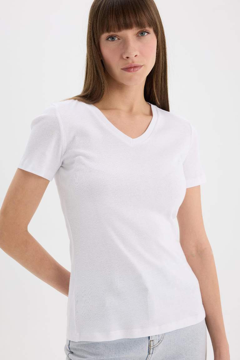 T-shirt basique slim en maille côtelée à col en V et manches courtes