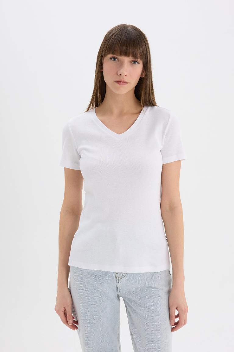 Slim Fit V Neck Basic Rib Short Sleeve T-Shirt