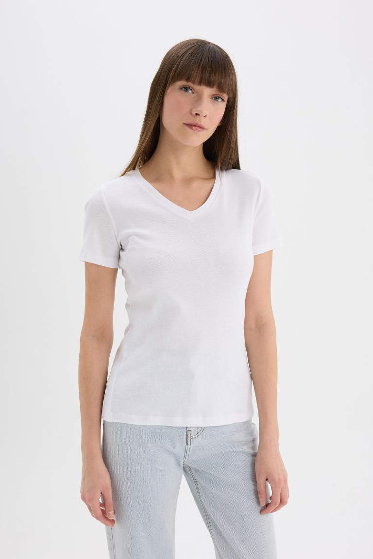 Slim Fit V Neck Basic Rib Short Sleeve T-Shirt