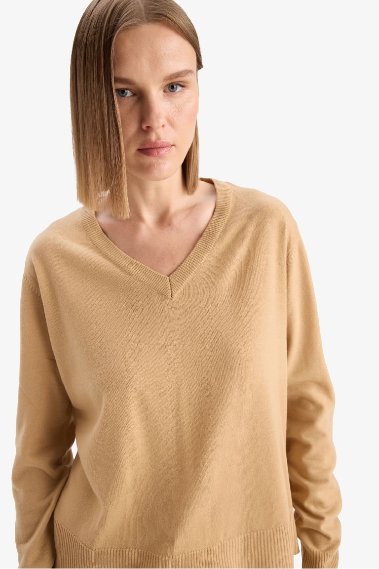 Relax Fit Soft Texture V Neck Basic Knitted Pullover
