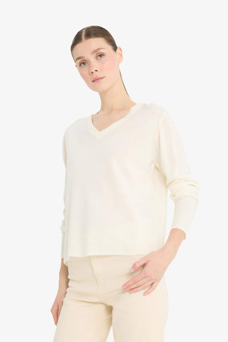 Relax Fit Soft Texture V Neck Basic Knitted Pullover
