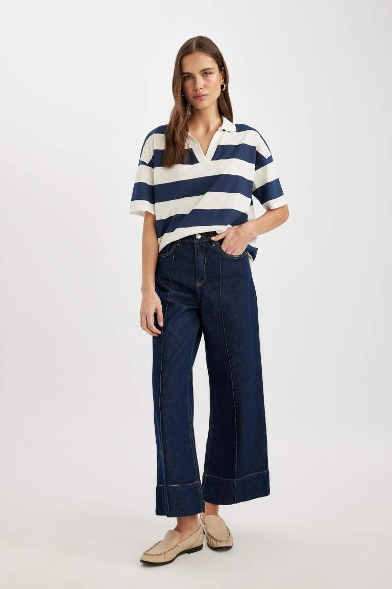 T-Shirt Polo Coupe Relax Rayé à Manches Courtes et Motifs