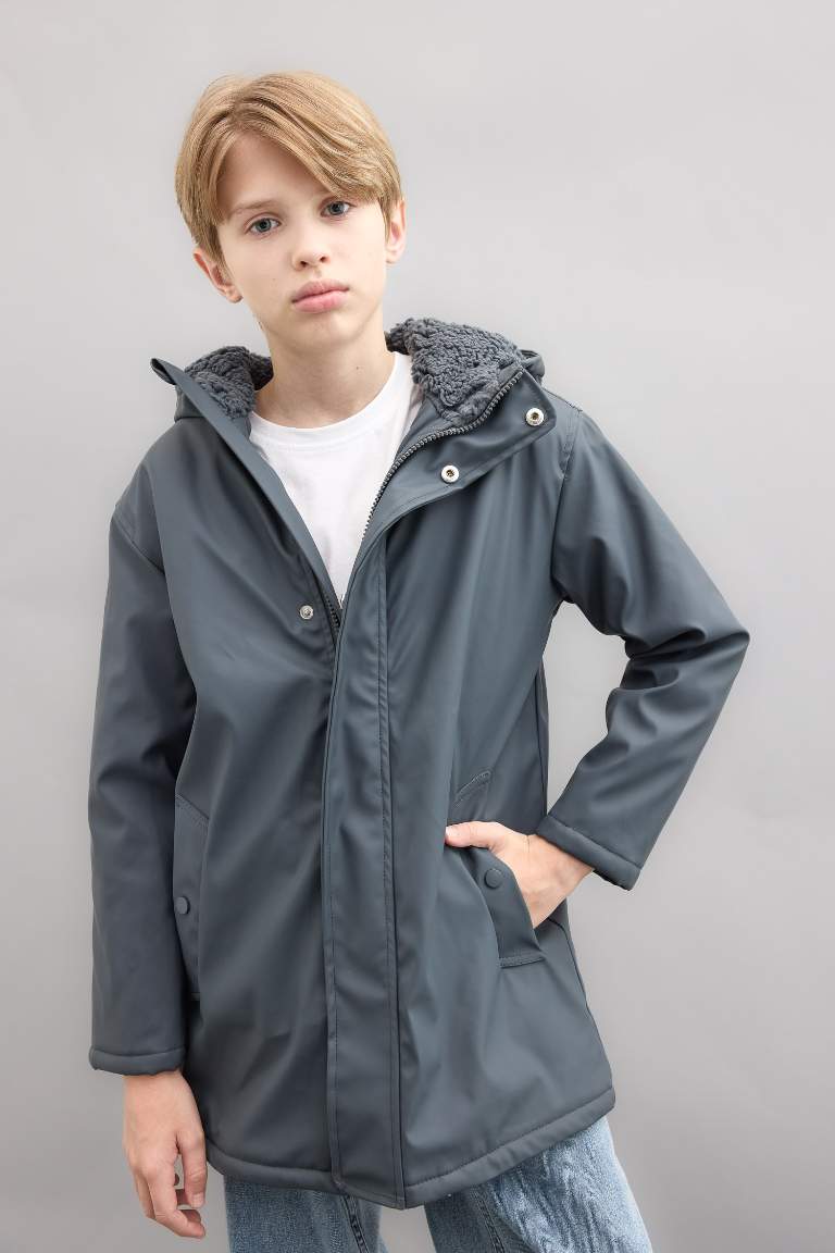 Boy Waterproof Hooded Plush Lining Raincoat