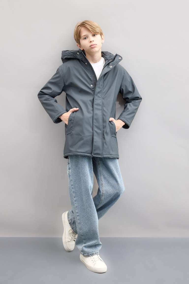 Boy Waterproof Hooded Plush Lining Raincoat