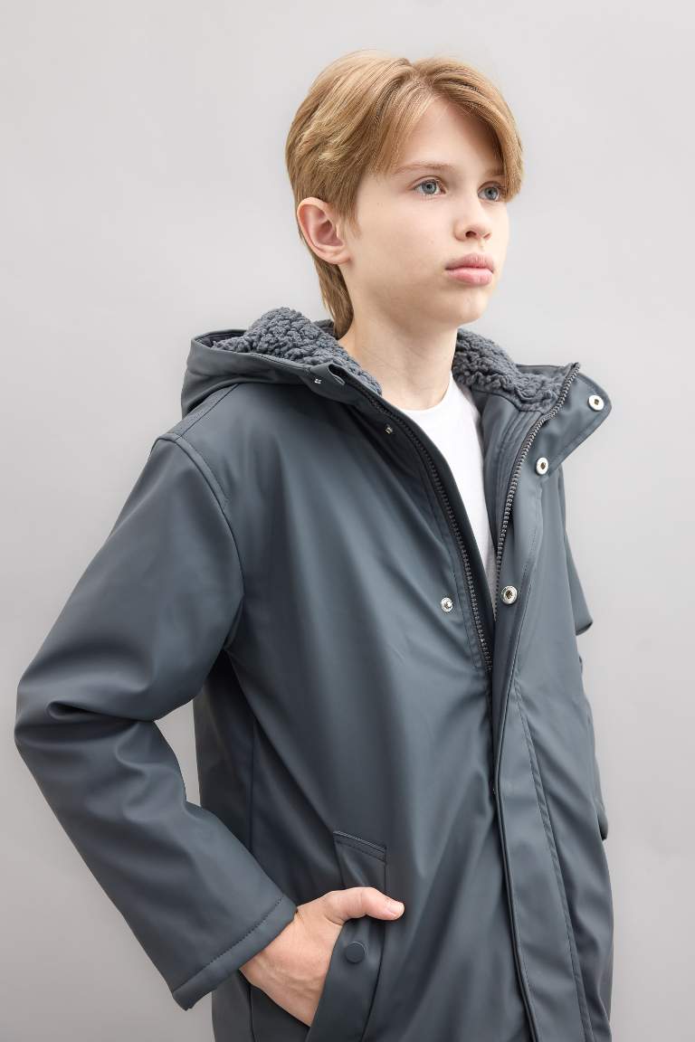 Boy Waterproof Hooded Plush Lining Raincoat