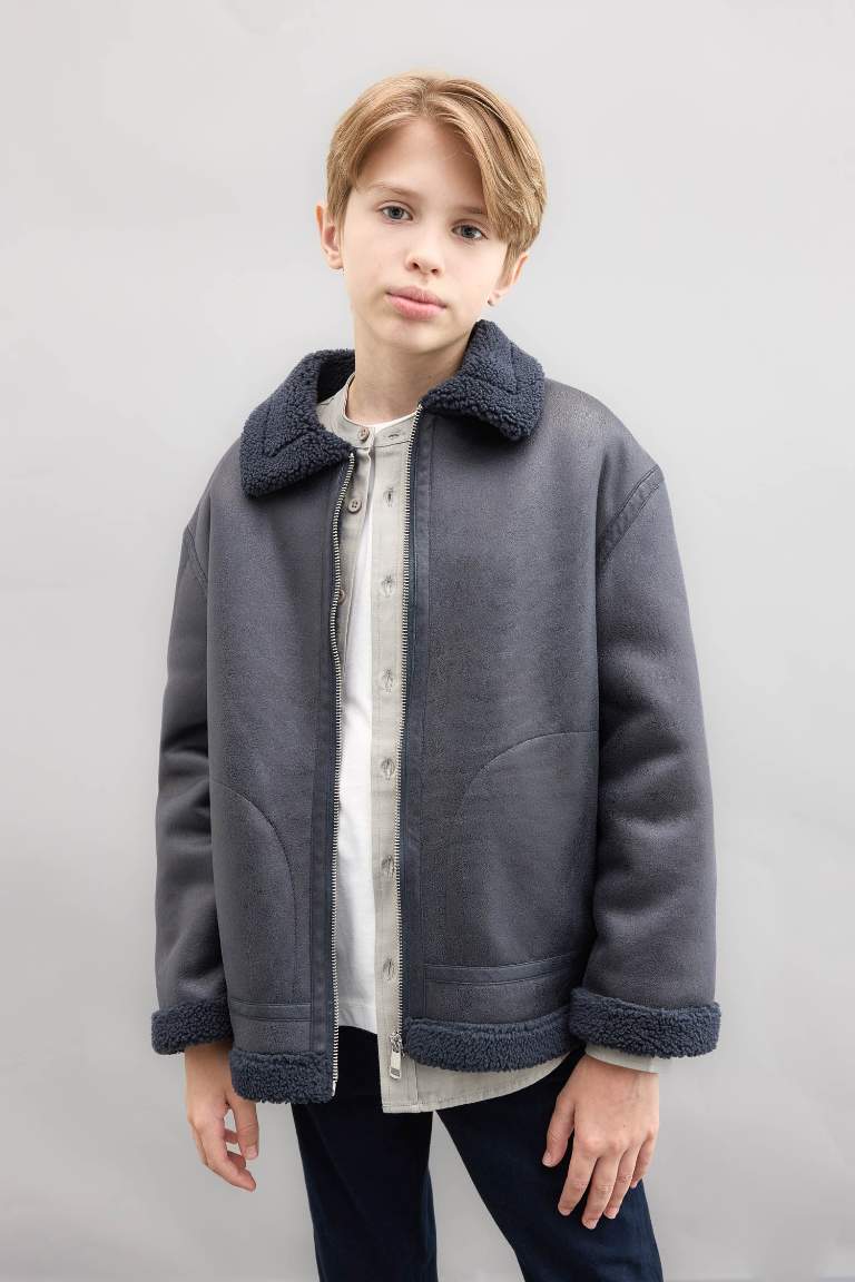 Boy Polo Collar Plush Faux Leather Jacket