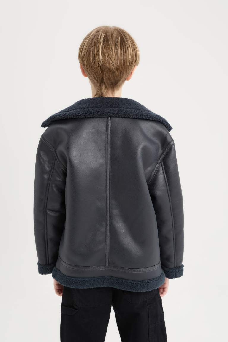 Boy Polo Collar Plush Faux Leather Jacket