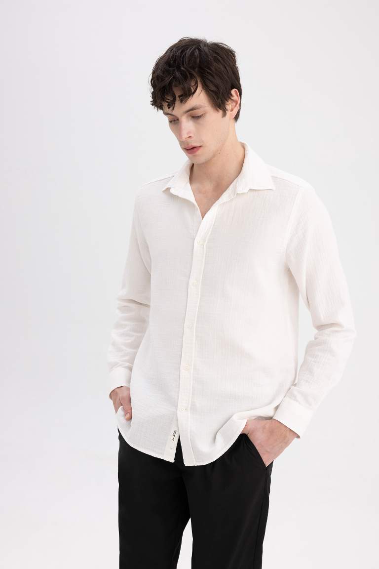 Regular Fit Polo Collar Cotton Long Sleeve Shirt