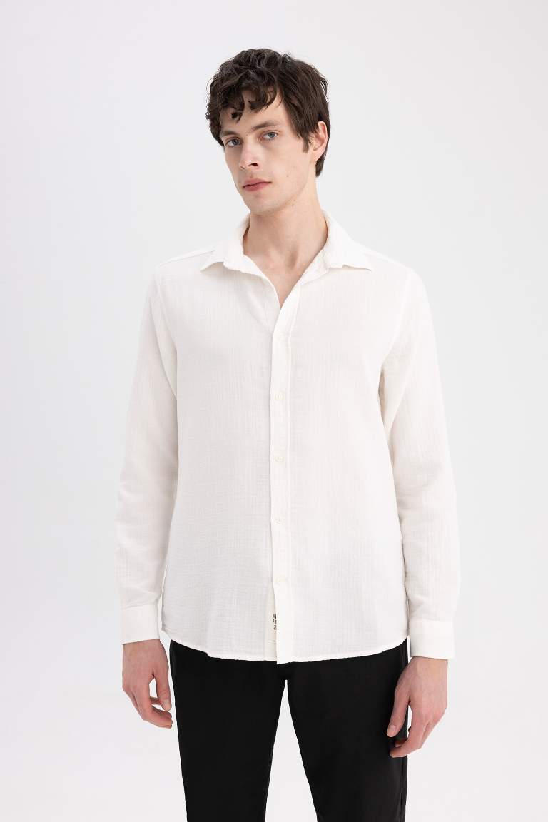 Regular Fit Polo Collar Cotton Long Sleeve Shirt