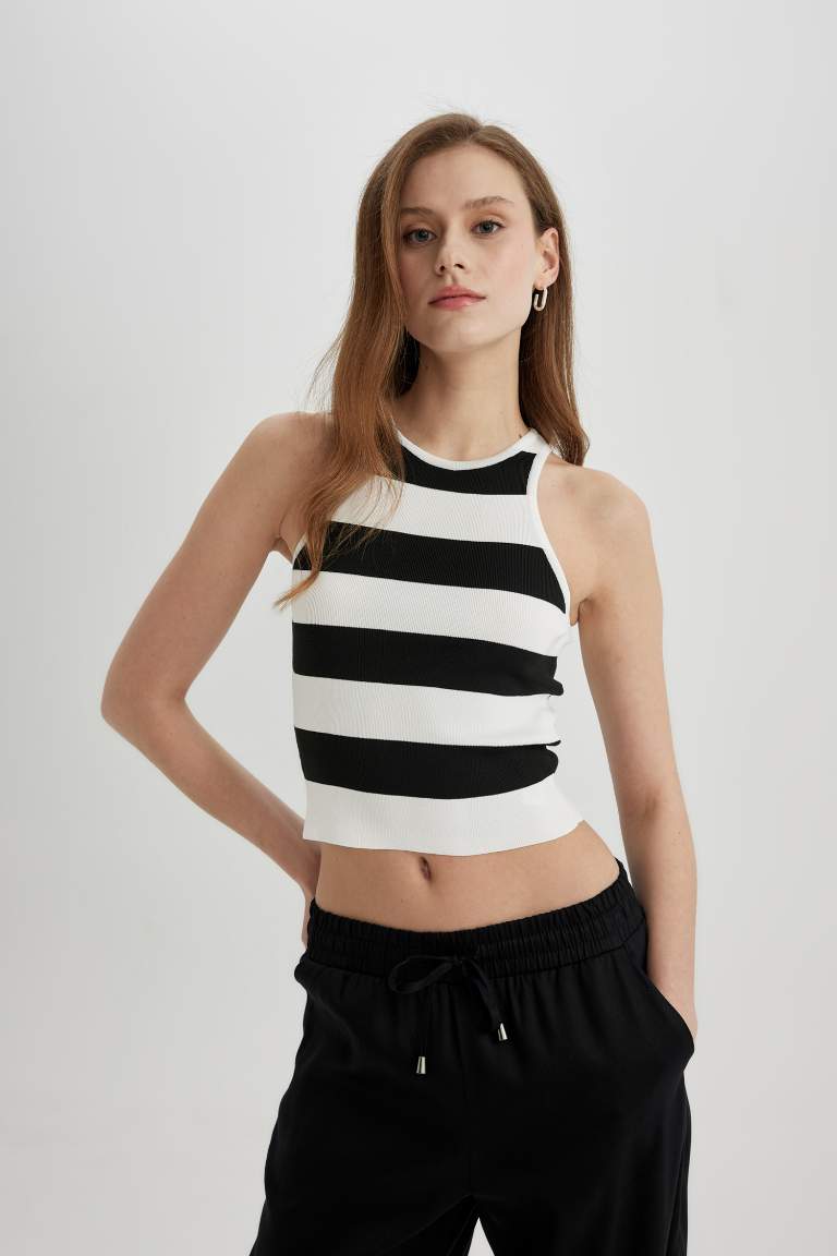 Fitted Striped Halter Collar Crop Top