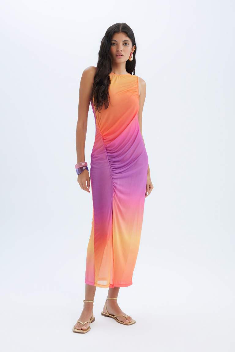 Regular Fit Degrade Baskılı Tül Maxi Plaj Elbisesi-Fall in Love