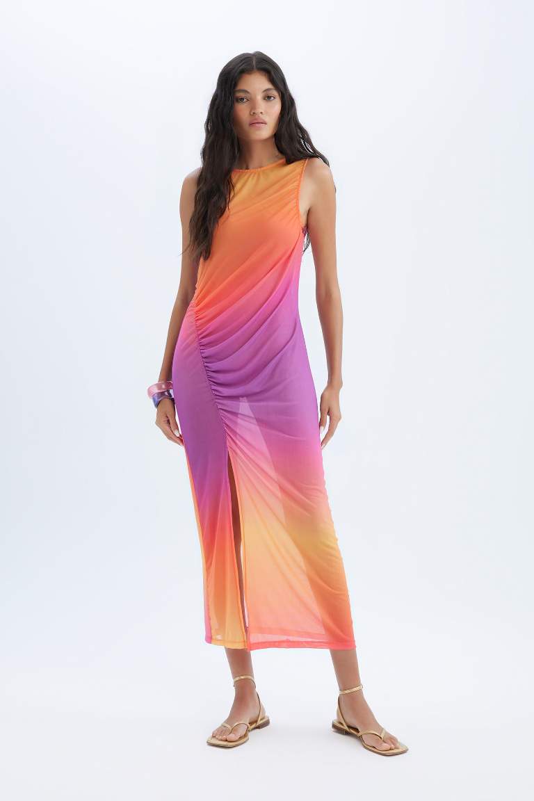 Regular Fit Degrade Baskılı Tül Maxi Plaj Elbisesi-Fall in Love