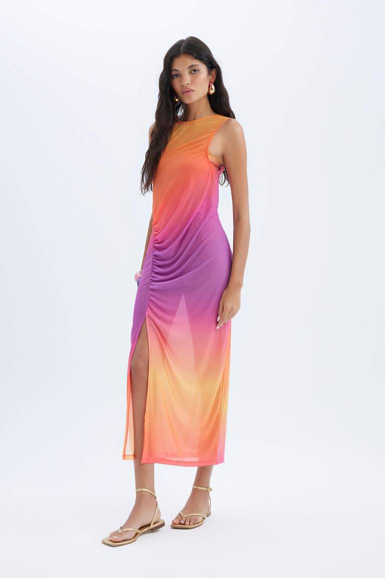 Regular Fit Degrade Baskılı Tül Maxi Plaj Elbisesi-Fall in Love