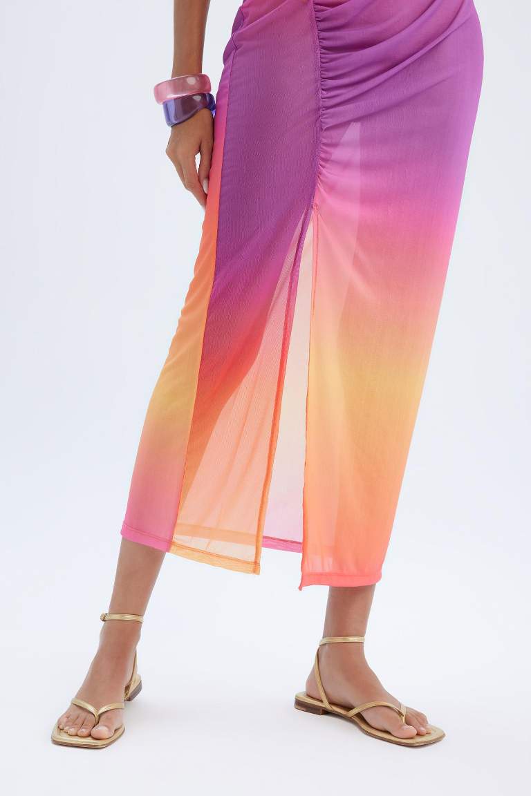 Regular Fit Degrade Baskılı Tül Maxi Plaj Elbisesi-Fall in Love