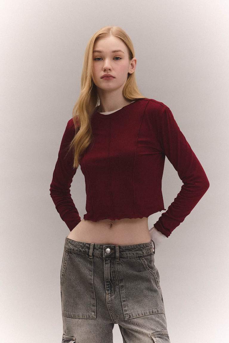 Fitted Crew Neck Basic Crop Long Sleeve T-Shirt