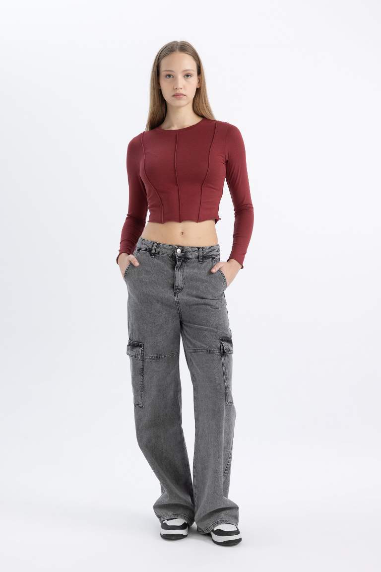 Fitted Crew Neck Basic Crop Long Sleeve T-Shirt