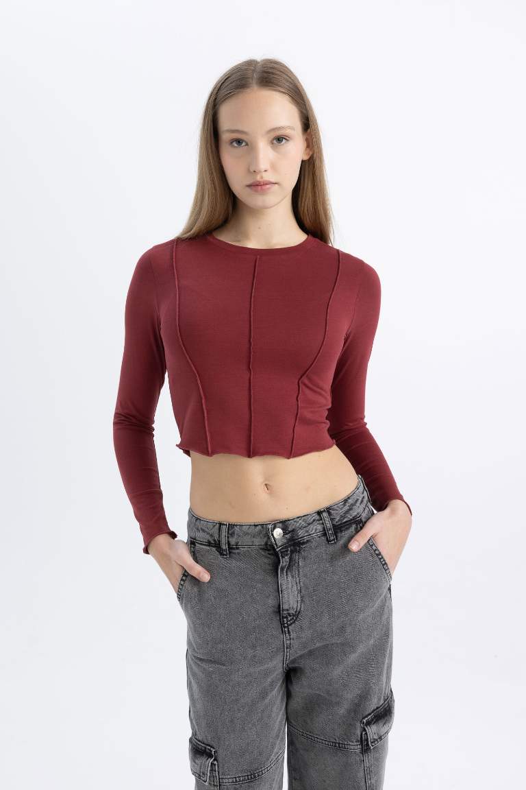 Fitted Crew Neck Basic Crop Long Sleeve T-Shirt