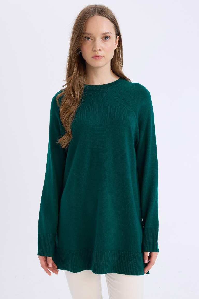 Regular Fit Bisiklet Yaka Basic Düz Triko Kazak Tunik
