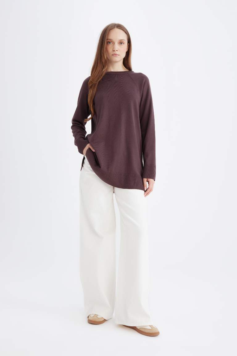 Regular Fit Bisiklet Yaka Basic Düz Triko Kazak Tunik