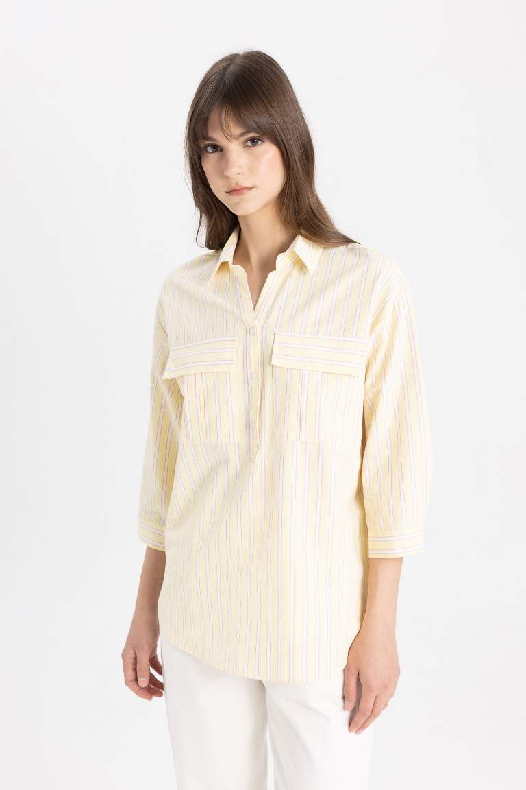 Relax Fit Shirt Collar Poplin Long Sleeve Striped Tunic