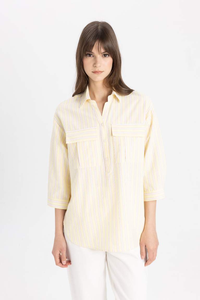 Relax Fit Shirt Collar Poplin Long Sleeve Striped Tunic