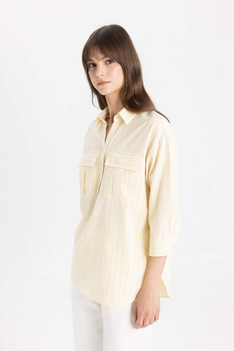 Relax Fit Shirt Collar Poplin Long Sleeve Striped Tunic