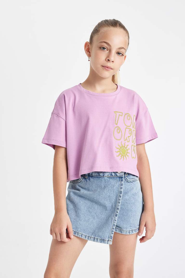 Girl Crew Neck Printed Crop T-Shirt