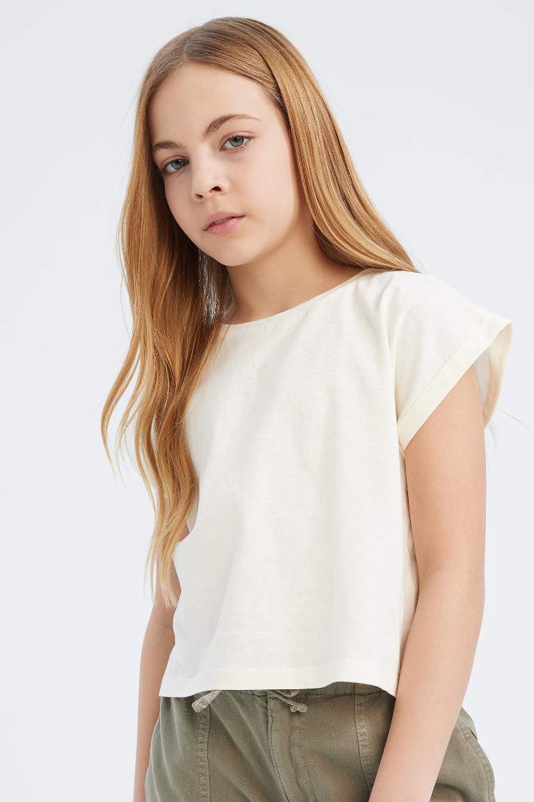 Girl Boxy Fit Crew Neck Basic Short Sleeve T-Shirt