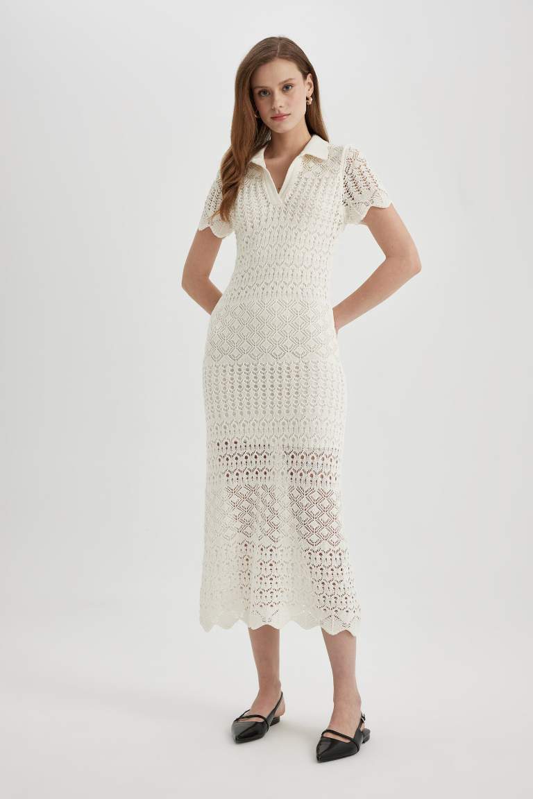 A-Line Polo Neck Flared Knitwear Maxi Dress