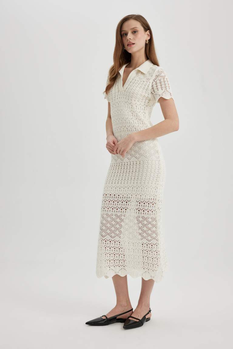 A-Line Polo Neck Flared Knitwear Maxi Dress