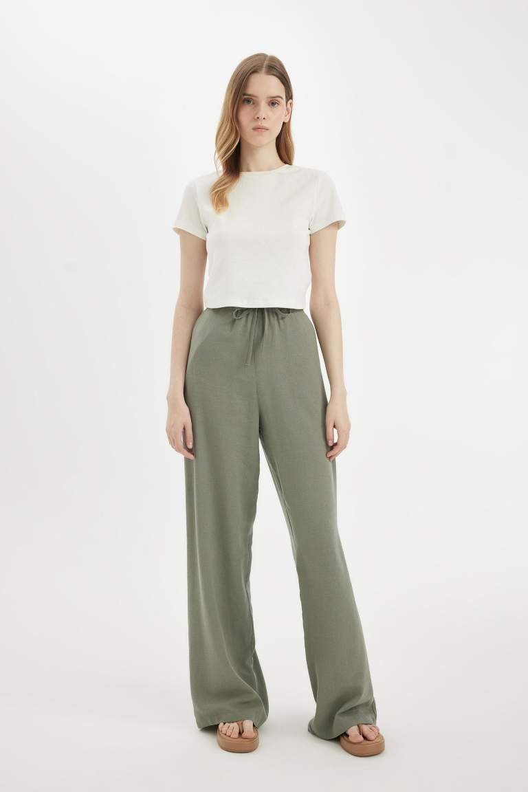 Keten Karışımlı Palazzo Pantolon Wide Leg Geniş Bol Paça Üç Cepli Normal Bel Basic Düz Standart Boy