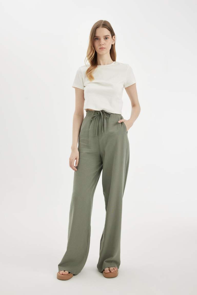 Keten Karışımlı Palazzo Pantolon Wide Leg Geniş Bol Paça Üç Cepli Normal Bel Basic Düz Standart Boy