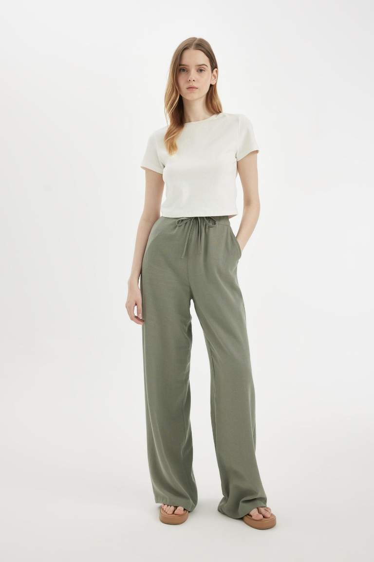 Keten Karışımlı Palazzo Pantolon Wide Leg Geniş Bol Paça Üç Cepli Normal Bel Basic Düz Standart Boy
