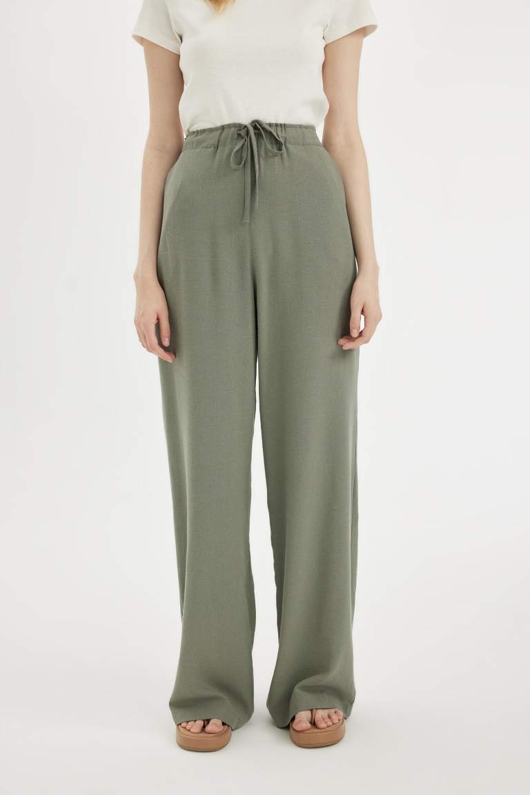 Keten Karışımlı Palazzo Pantolon Wide Leg Geniş Bol Paça Üç Cepli Normal Bel Basic Düz Standart Boy