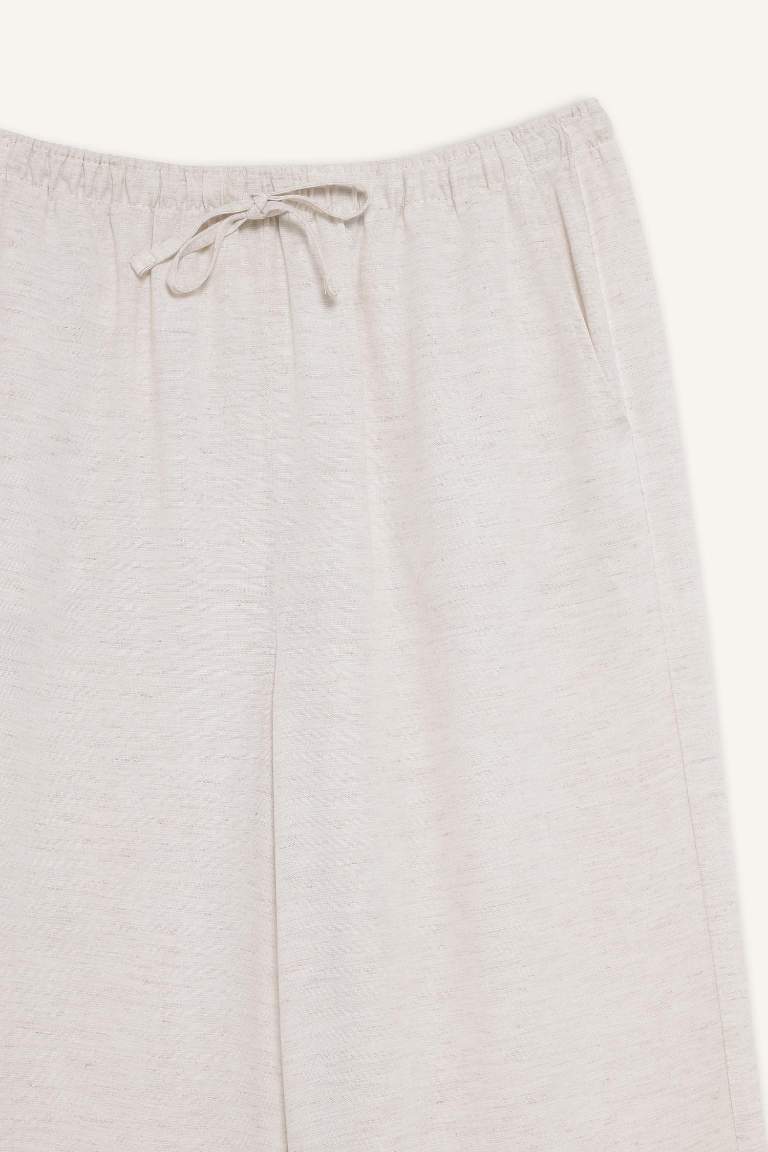 Keten Karışımlı Palazzo Pantolon Wide Leg Geniş Bol Paça Üç Cepli Normal Bel Basic Düz Standart Boy