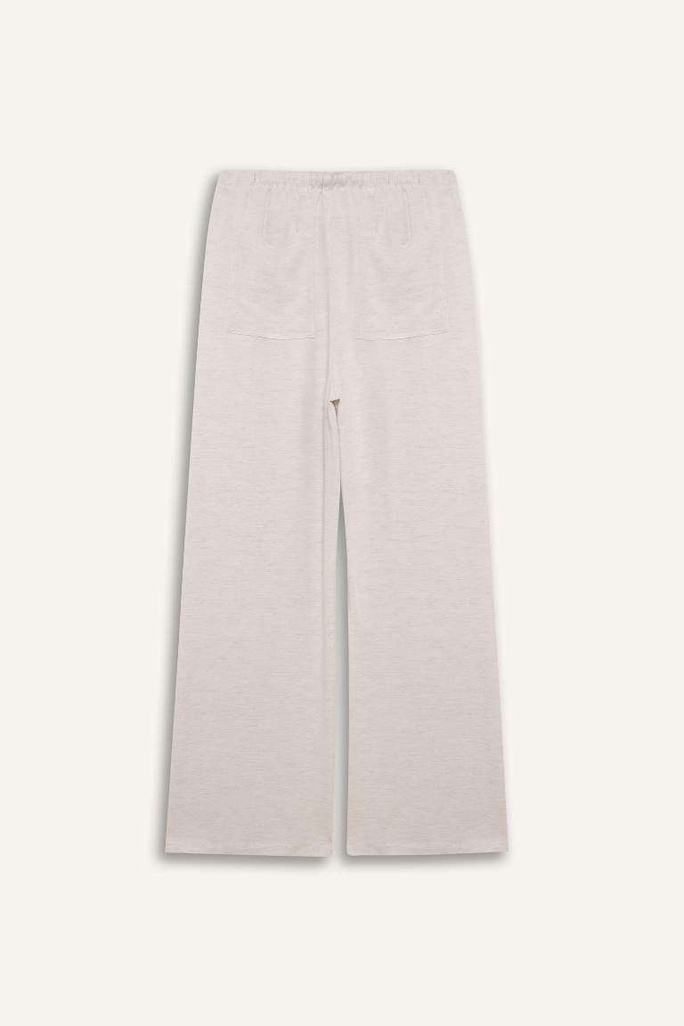 Keten Karışımlı Palazzo Pantolon Wide Leg Geniş Bol Paça Üç Cepli Normal Bel Basic Düz Standart Boy