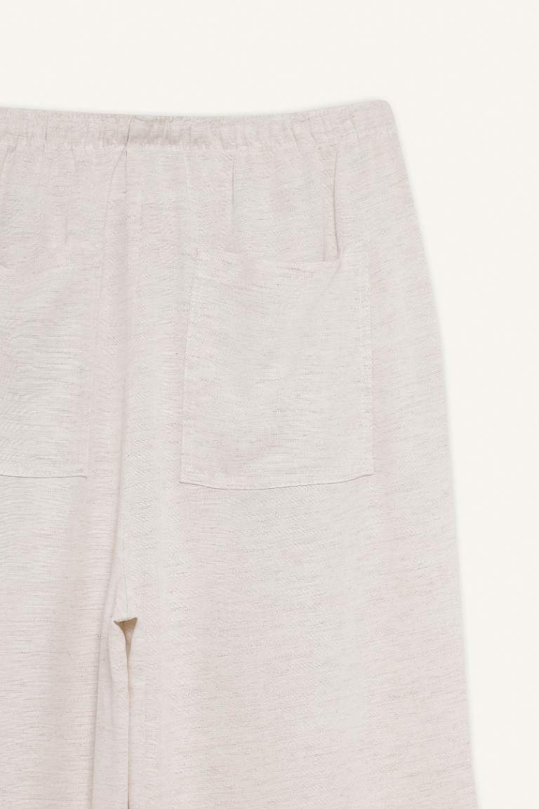 Keten Karışımlı Palazzo Pantolon Wide Leg Geniş Bol Paça Üç Cepli Normal Bel Basic Düz Standart Boy