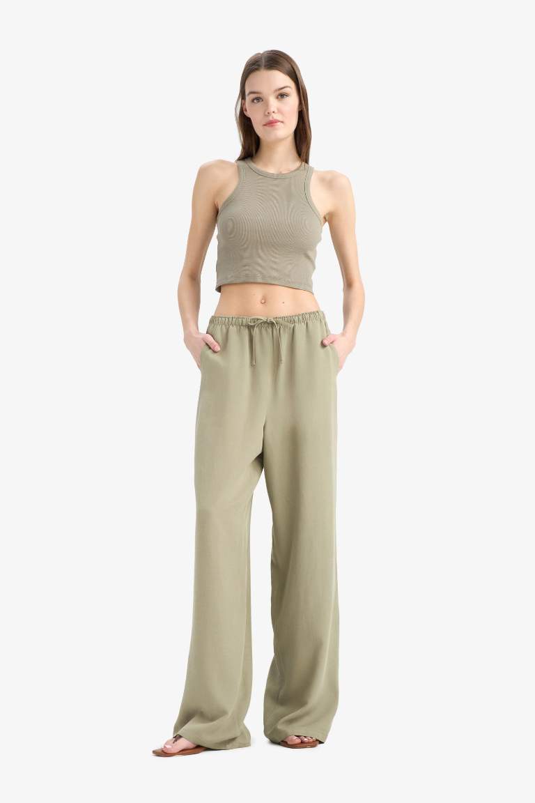 Keten Karışımlı Palazzo Pantolon Wide Leg Geniş Bol Paça Üç Cepli Normal Bel Basic Düz Standart Boy